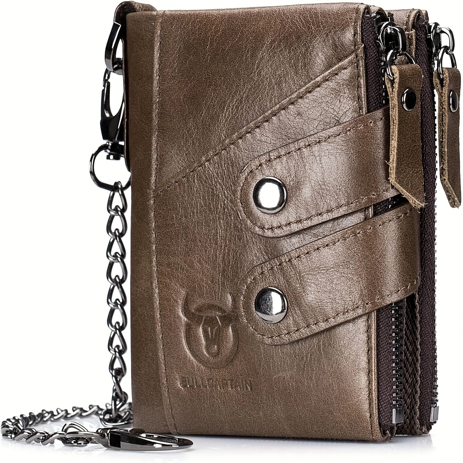 (image for) BULLCAPTAIN Genuine Leather Mens Wallet RFID Blocking Short Wallet with Chain Multifunction Card Holder Double Zipper Coin Purse Money Clip Compact Storage Bag Stylish